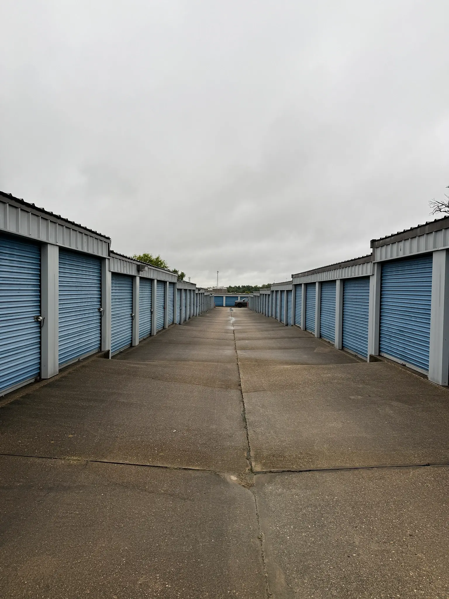 Aerial view of storage buildings with drive-up access